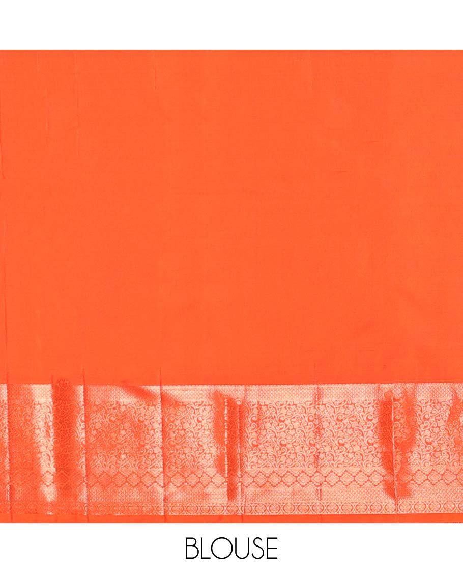 Orange jacquard kancheepuram wedding silksaree, intricate pallu & border of traditional designs - Image 5