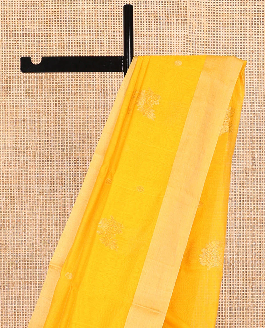 Orange leaf motifs chanderi cotton saree with contrast zari border & striped pallu - Image 3