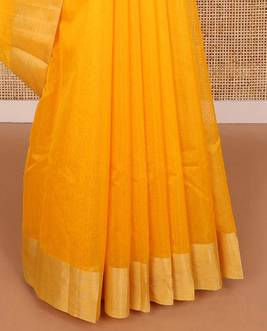 Orange leaf motifs chanderi cotton saree with contrast zari border & striped pallu - Image 4