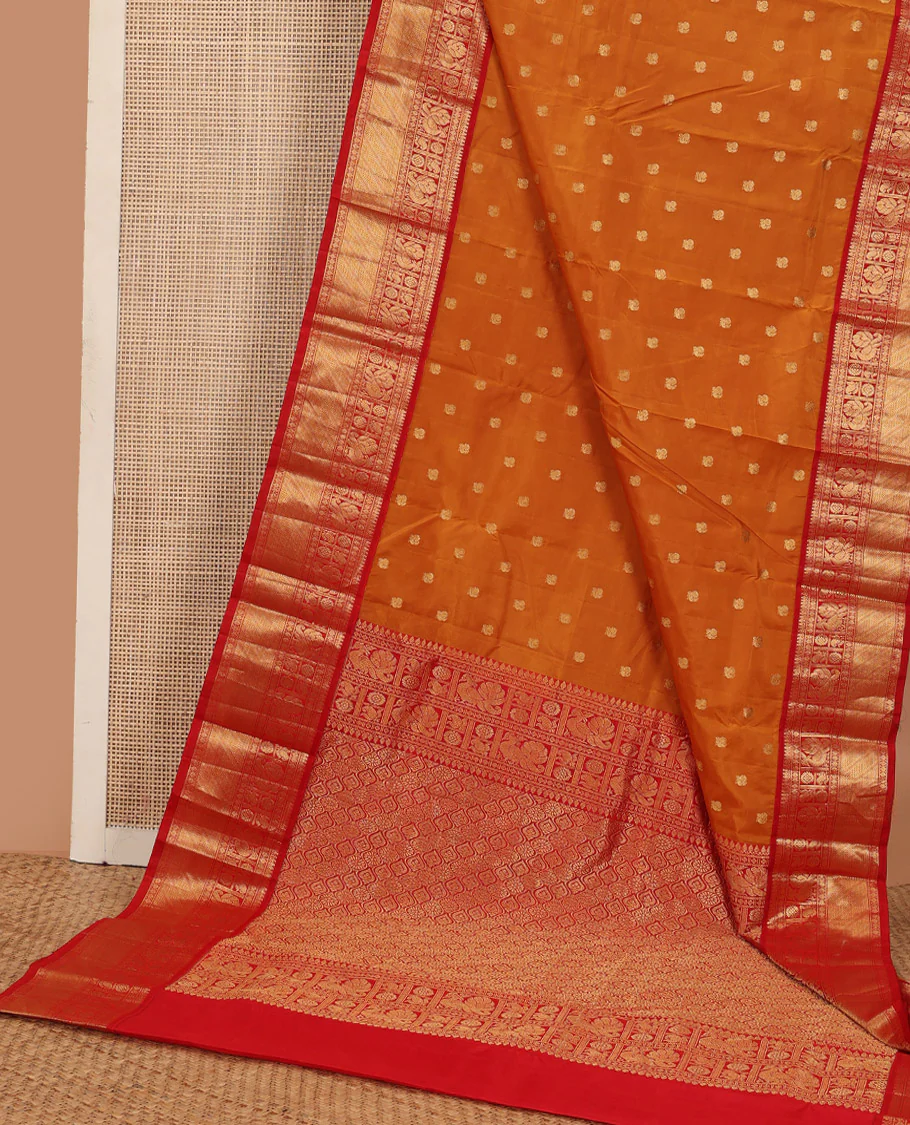 Orange peacock zari buttas Bangalore silk saree, contrast traditional zari border, and pallu of ogee patterns - Image 3