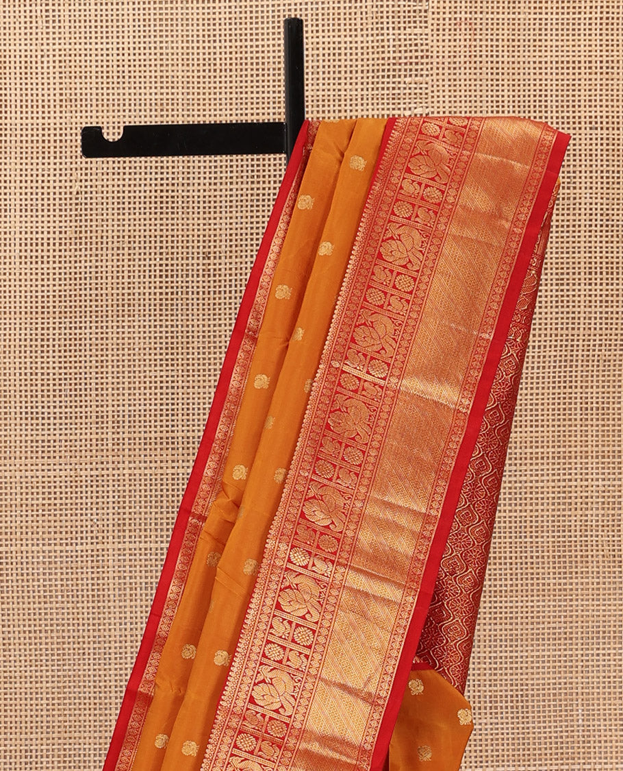 Orange peacock zari buttas Bangalore silk saree, contrast traditional zari border, and pallu of ogee patterns - Image 4
