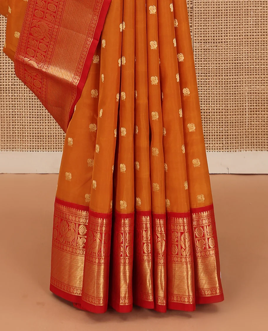 Orange peacock zari buttas Bangalore silk saree, contrast traditional zari border, and pallu of ogee patterns - Image 5