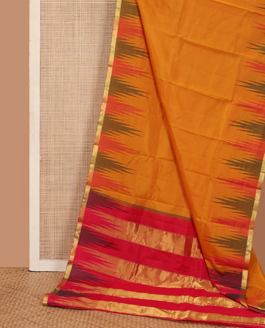Orange plain Bangalore silk saree, contrast temple zari piping border, and temple design pallu - Image 3