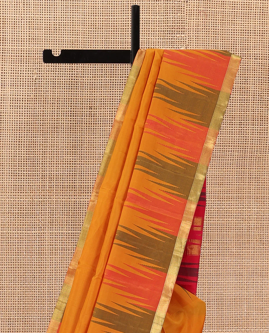 Orange plain Bangalore silk saree, contrast temple zari piping border, and temple design pallu - Image 4