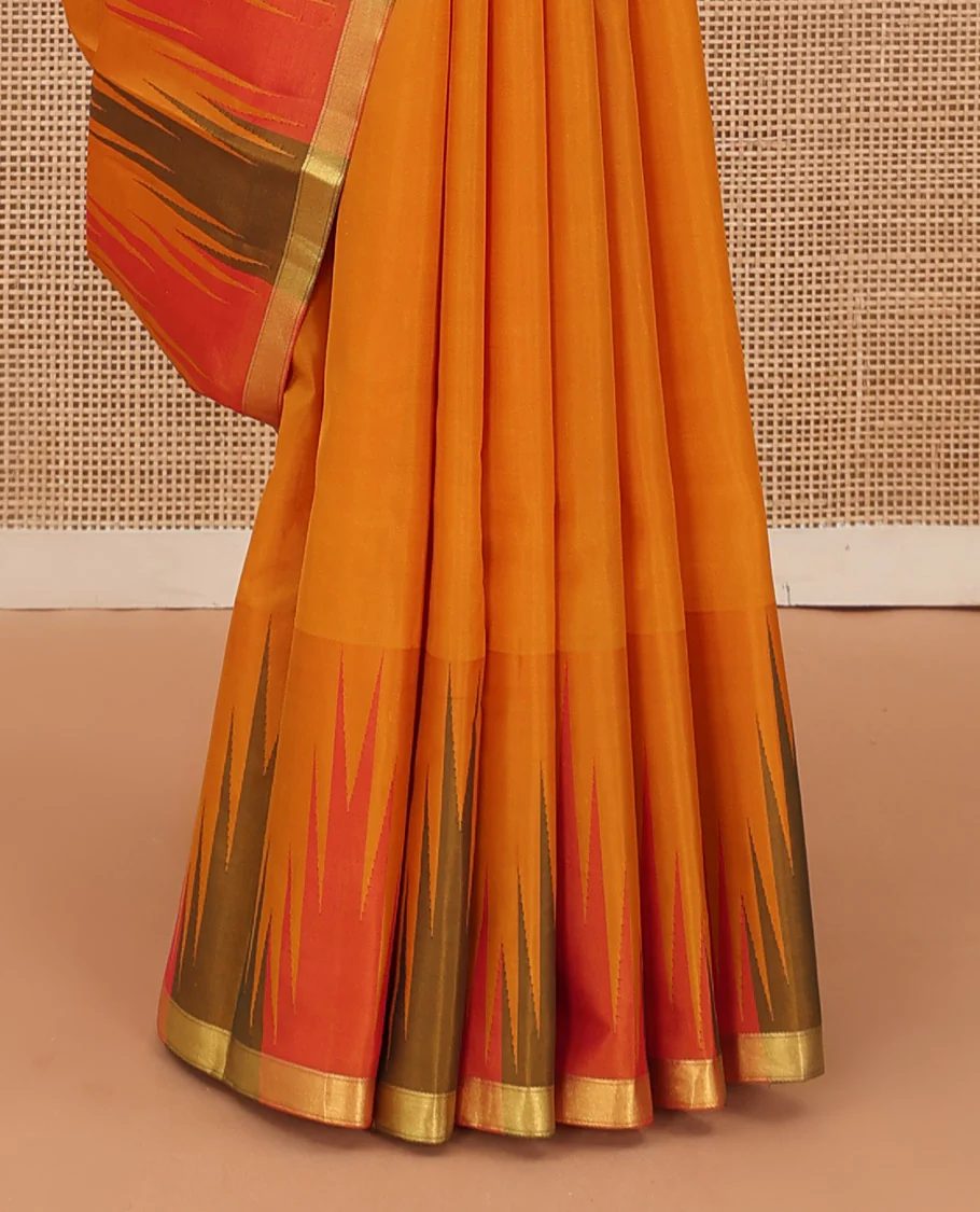 Orange plain Bangalore silk saree, contrast temple zari piping border, and temple design pallu - Image 5