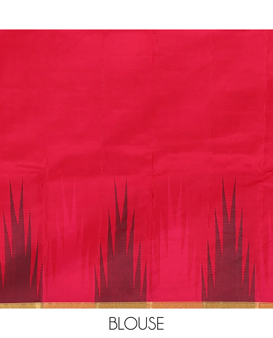 Orange plain Bangalore silk saree, contrast temple zari piping border, and temple design pallu - Image 6