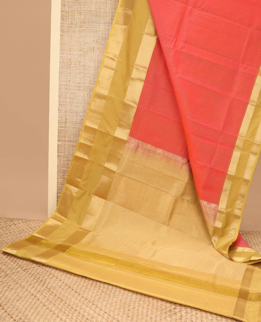 Orange striped design Vasundhara Lite Silk Mix Saree with contrast rettai pettu border & floral striped design pallu - Image 3