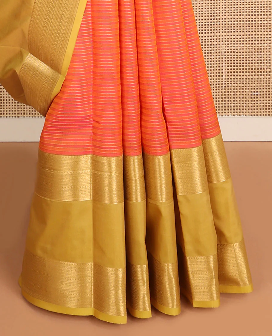 Orange striped design Vasundhara Lite Silk Mix Saree with contrast rettai pettu border & floral striped design pallu - Image 5