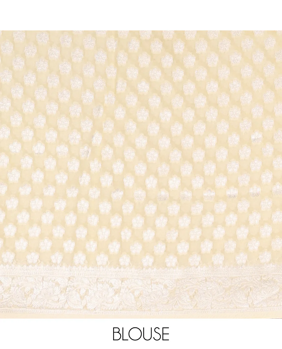 Pale yellow floral jacquard semi-banaras crepe saree, floral creeper border & intricate pallu - Image 3