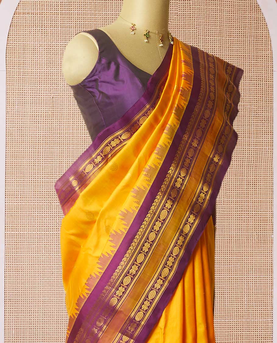 Yellow zari buttas gadwal silksaree,contrast rettai pettu traditional zari border & pallu of geometric,chevron & paisleys - Image 3