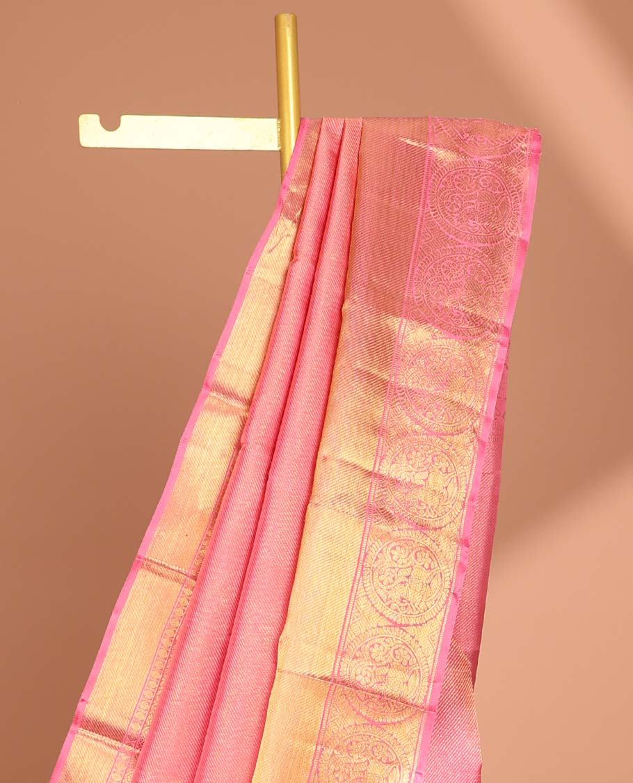 Peach striped, round buttas samudrika silk saree with self korvai border of intricate design & zari design pallu - Image 3