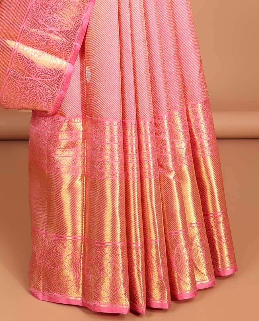 Peach striped, round buttas samudrika silk saree with self korvai border of intricate design & zari design pallu - Image 4