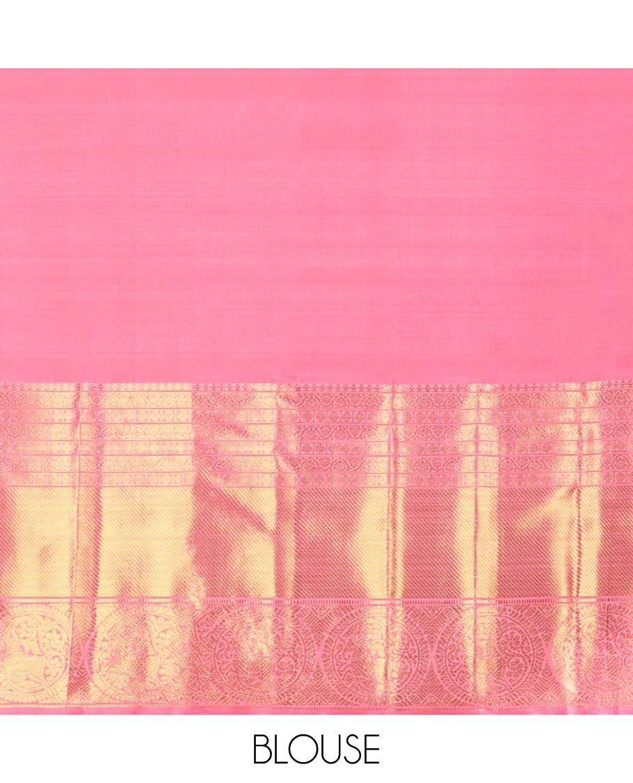 Peach striped, round buttas samudrika silk saree with self korvai border of intricate design & zari design pallu - Image 5