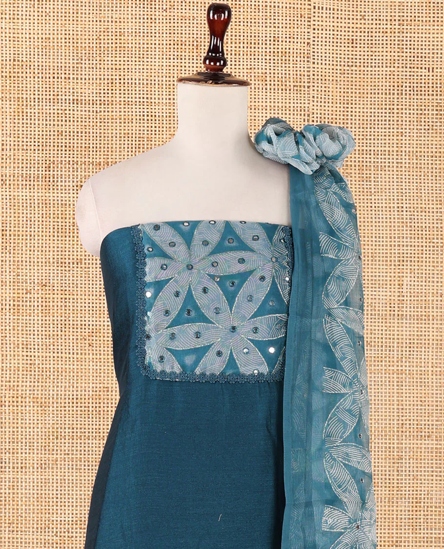 Peacock green material chudidar, brasso floral print & mirrorwork vichitra silk top, santoon bottom & shimmer georgette dupatta of floral print & mirrorwork - Image 3