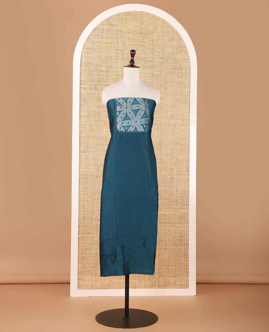 Peacock green material chudidar, brasso floral print & mirrorwork vichitra silk top, santoon bottom & shimmer georgette dupatta of floral print & mirrorwork - Image 4