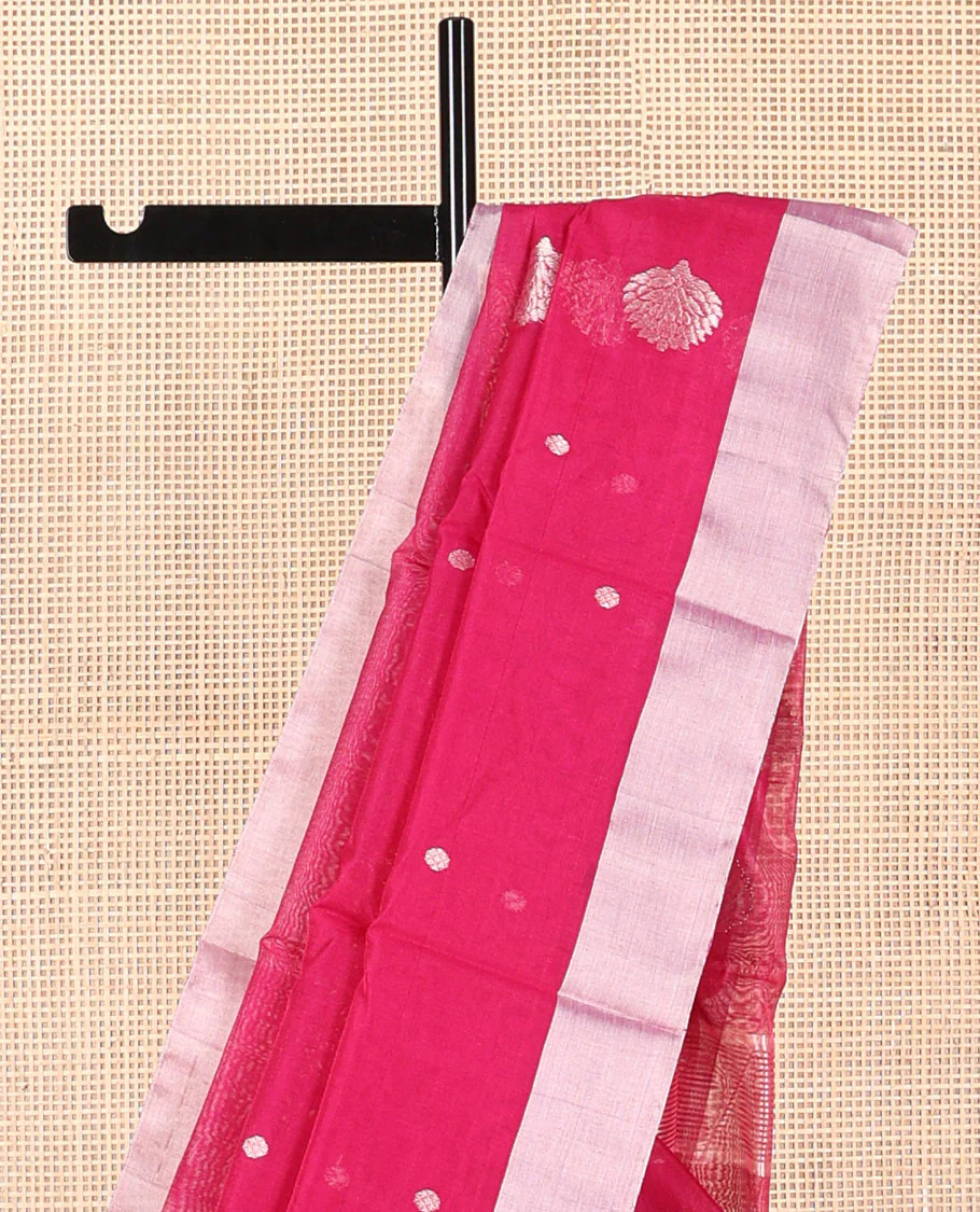 Purple floral motifs chanderi cotton saree with contrast zari border & striped pallu - Image 3