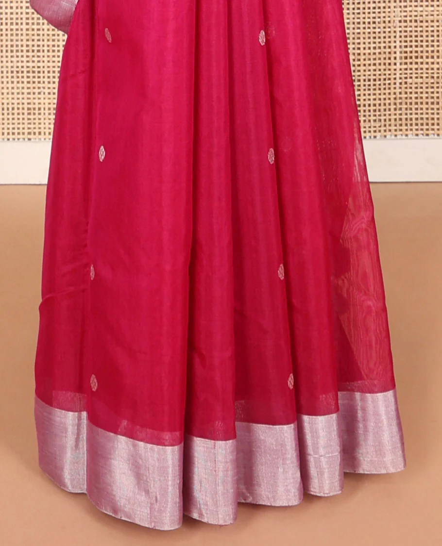 Purple floral motifs chanderi cotton saree with contrast zari border & striped pallu - Image 4