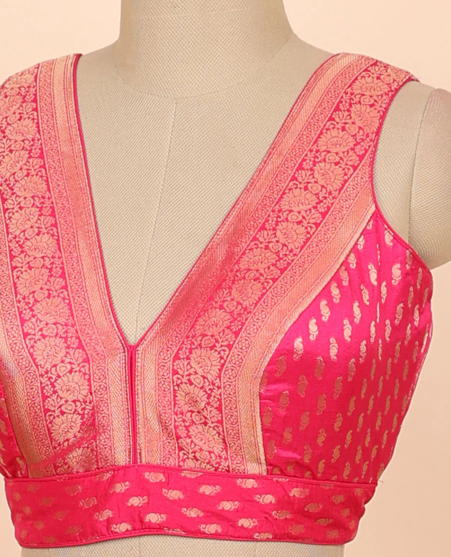 Pink floral zari design front & back deep v-neck raw-silk readymade sleeveless blouse - Image 3