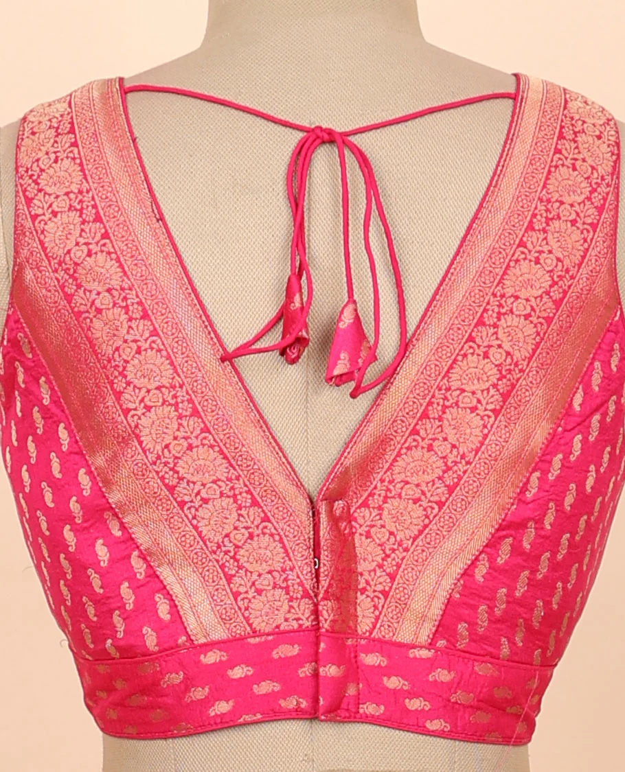 Pink floral zari design front & back deep v-neck raw-silk readymade sleeveless blouse - Image 4