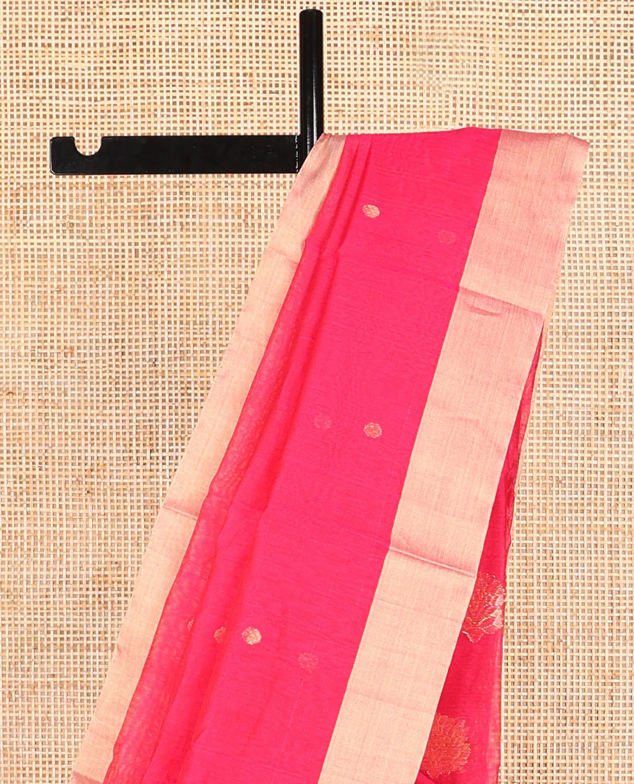 Pink motifs chanderi cotton saree with contrast zari border & striped pallu - Image 3