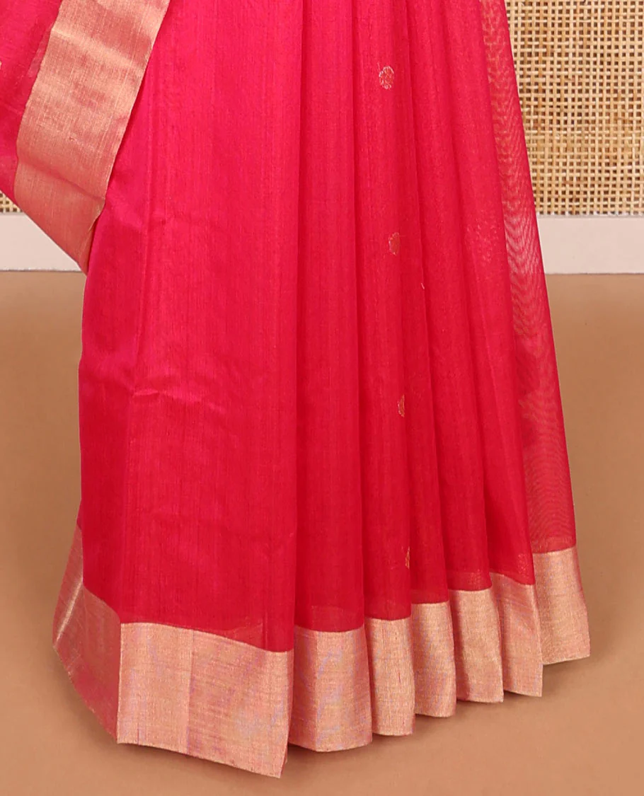 Pink motifs chanderi cotton saree with contrast zari border & striped pallu - Image 4