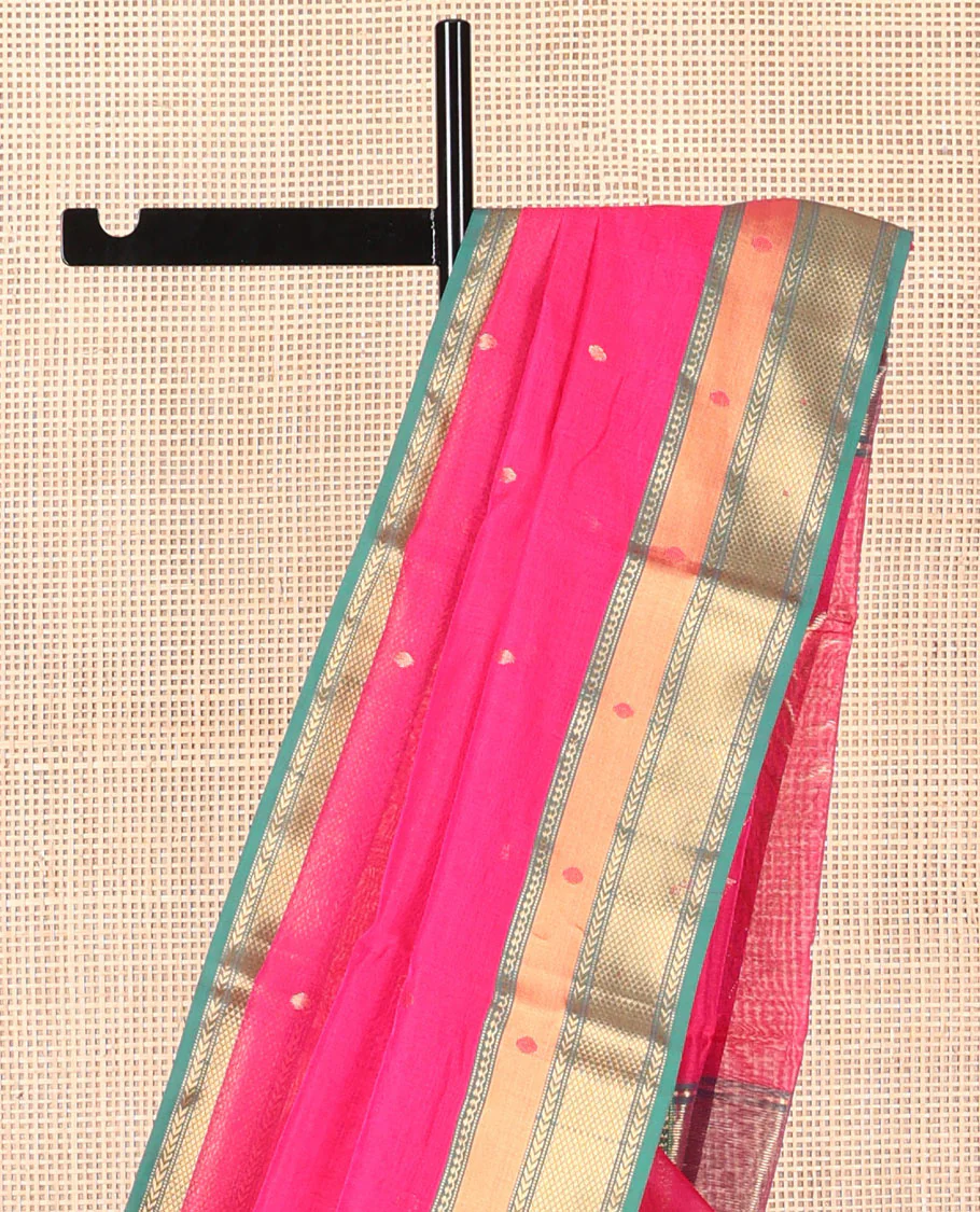 Pink  motifs chanderi cotton saree with contrast zari design border & striped, floral design pallu - Image 3