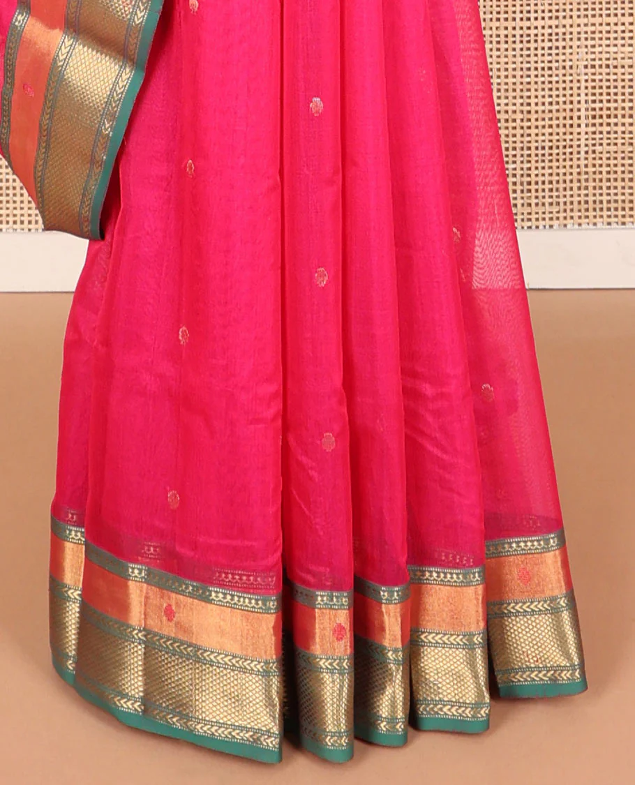 Pink  motifs chanderi cotton saree with contrast zari design border & striped, floral design pallu - Image 4