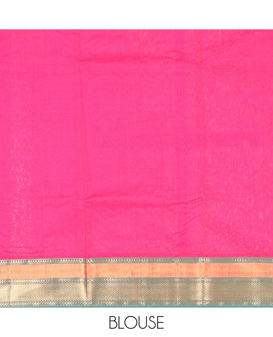 Pink  motifs chanderi cotton saree with contrast zari design border & striped, floral design pallu - Image 5