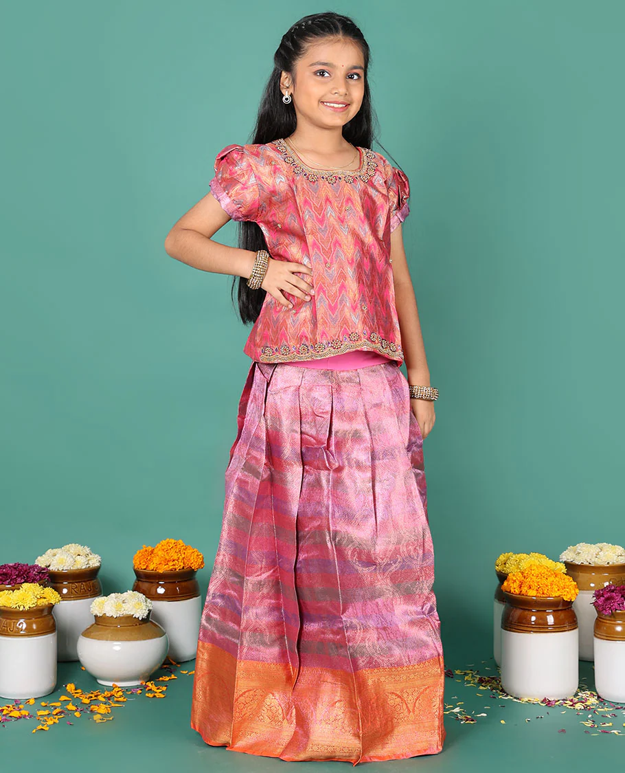 Pink readymade art silk pavadai, jacquard & contrast traditional border skirt & jacquard & embroidery round neck puff-sleeve blouse - Image 3