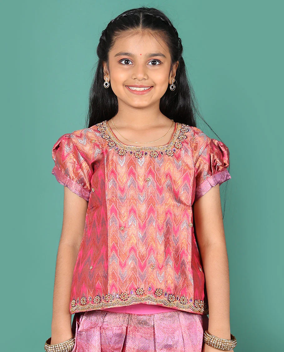 Pink readymade art silk pavadai, jacquard & contrast traditional border skirt & jacquard & embroidery round neck puff-sleeve blouse - Image 4