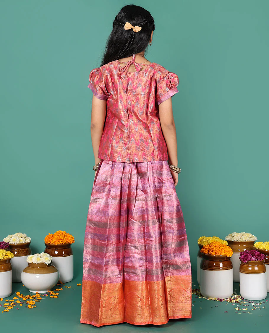 Pink readymade art silk pavadai, jacquard & contrast traditional border skirt & jacquard & embroidery round neck puff-sleeve blouse - Image 5