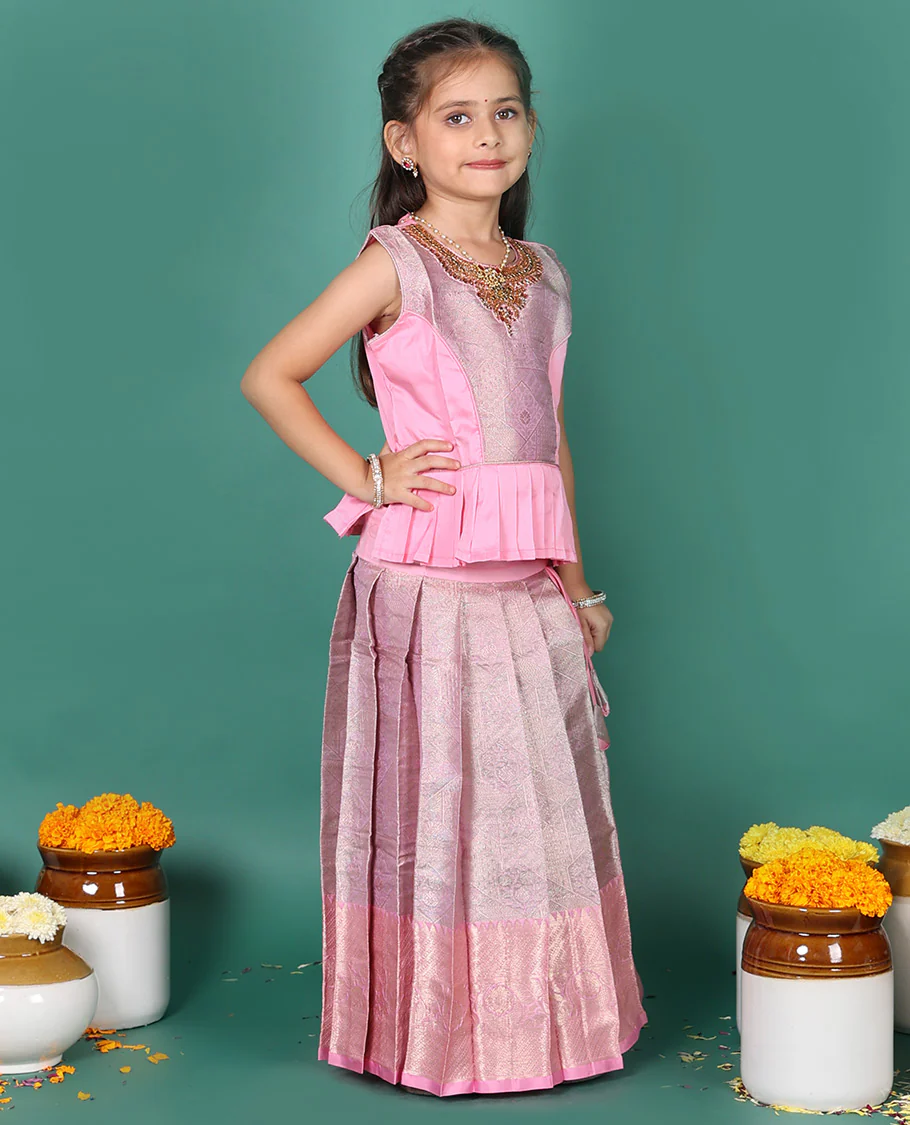 Pink readymade art silk pavadai, jacquard & contrast traditional border skirt, & jacquard embroidery sleeveless round-neck blouse - Image 3