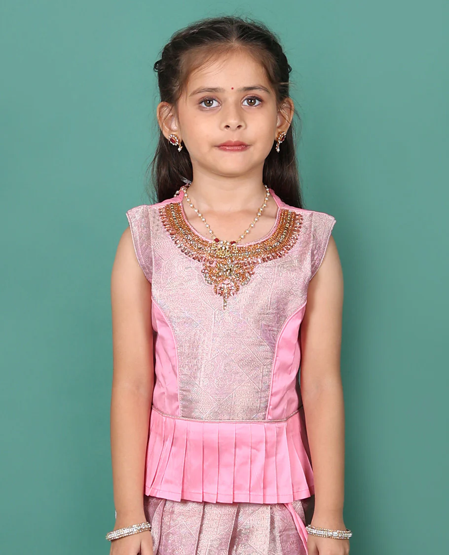 Pink readymade art silk pavadai, jacquard & contrast traditional border skirt, & jacquard embroidery sleeveless round-neck blouse - Image 4