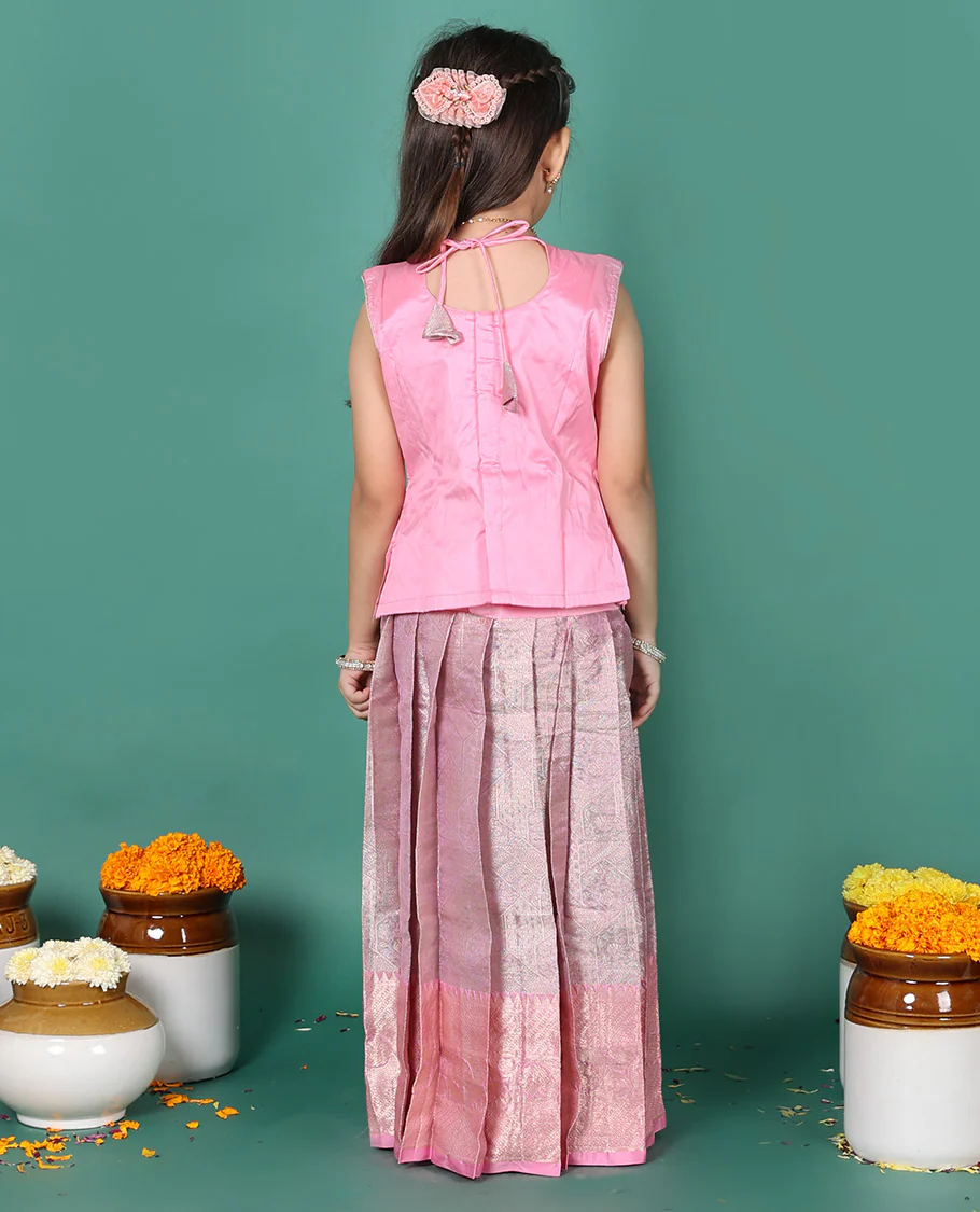 Pink readymade art silk pavadai, jacquard & contrast traditional border skirt, & jacquard embroidery sleeveless round-neck blouse - Image 5