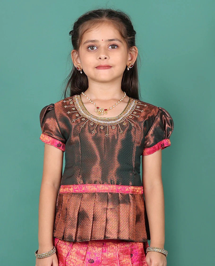 Pink readymade art silk pavadai, jacquard & contrast traditional zari border skirt, & jacquard embroidered puff-sleeve round-neck blouse - Image 3