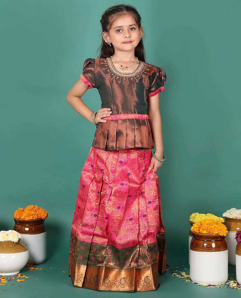 Pink readymade art silk pavadai, jacquard & contrast traditional zari border skirt, & jacquard embroidered puff-sleeve round-neck blouse - Image 4