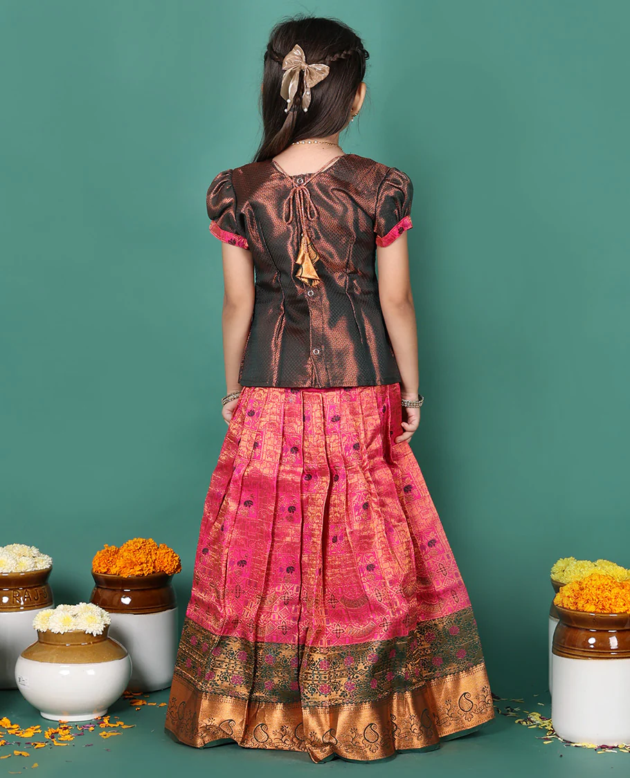 Pink readymade art silk pavadai, jacquard & contrast traditional zari border skirt, & jacquard embroidered puff-sleeve round-neck blouse - Image 5