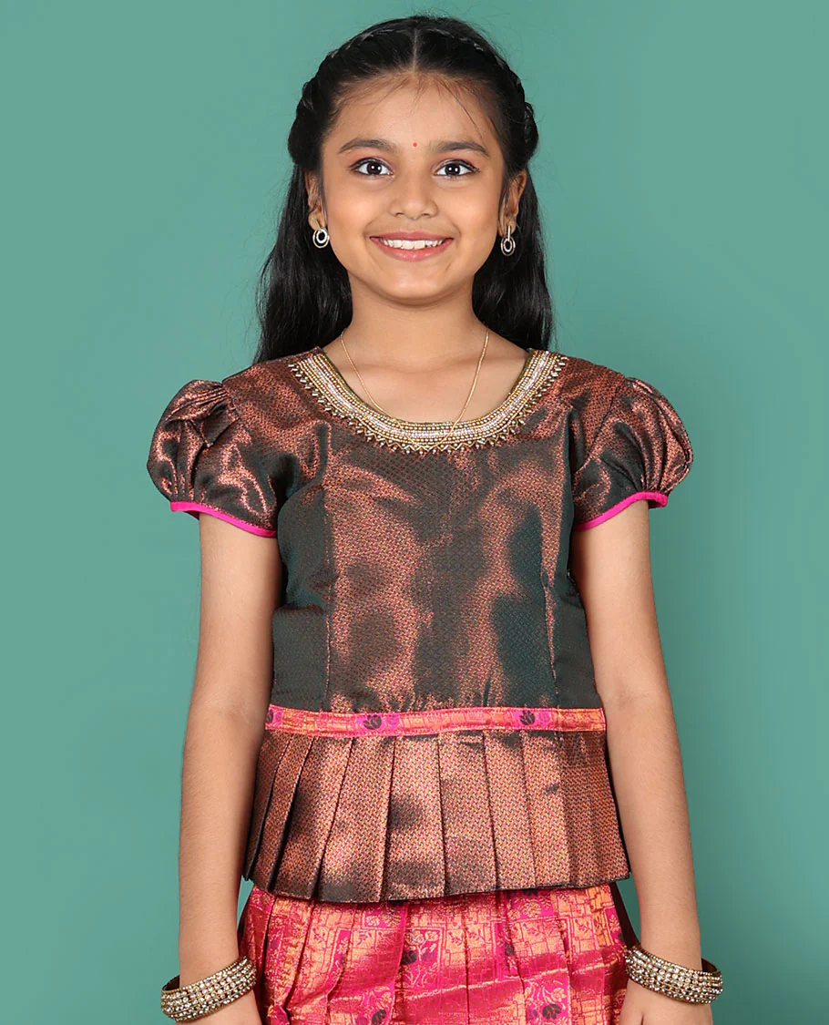 Pink readymade art silk pavadai, jacquard & contrast zari border skirt, & jacquard & embroidery round neck puff-sleeve blouse - Image 3