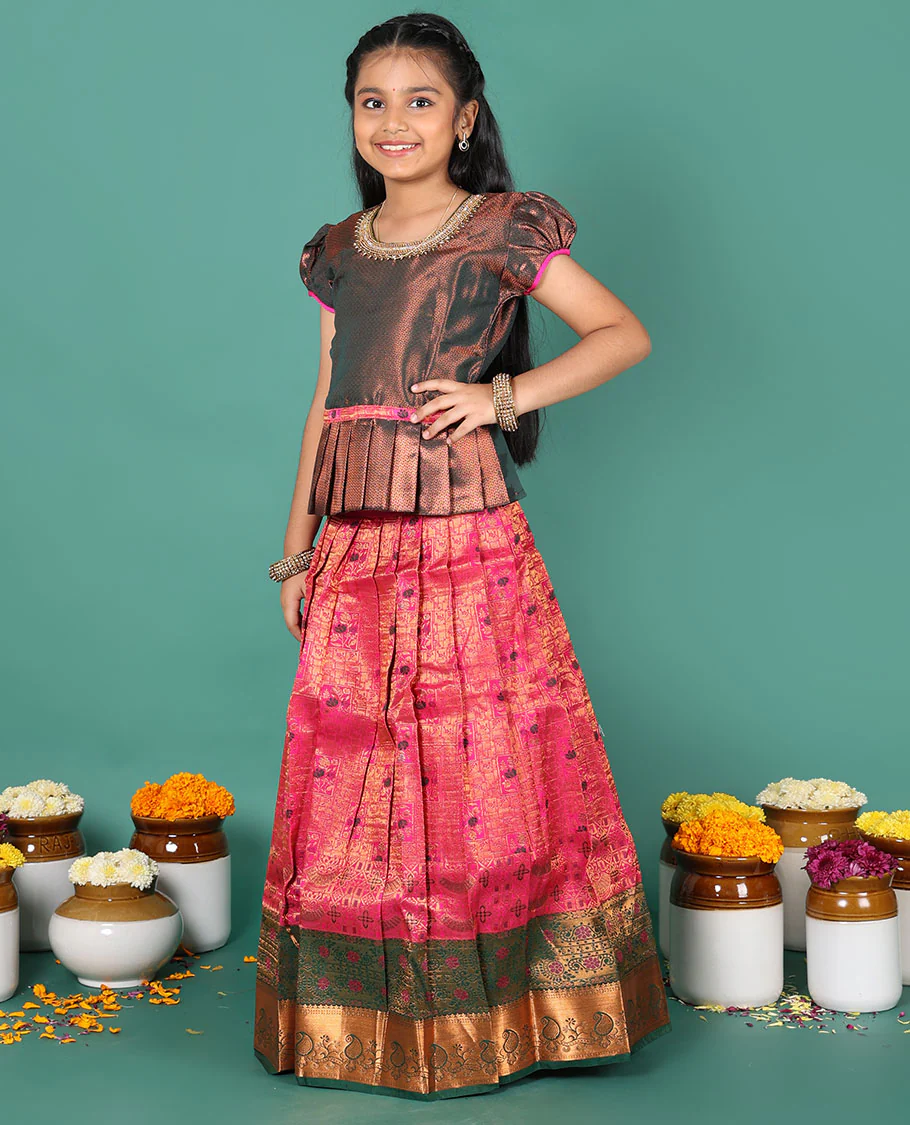 Pink readymade art silk pavadai, jacquard & contrast zari border skirt, & jacquard & embroidery round neck puff-sleeve blouse - Image 4