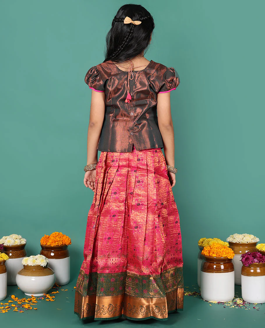 Pink readymade art silk pavadai, jacquard & contrast zari border skirt, & jacquard & embroidery round neck puff-sleeve blouse - Image 5