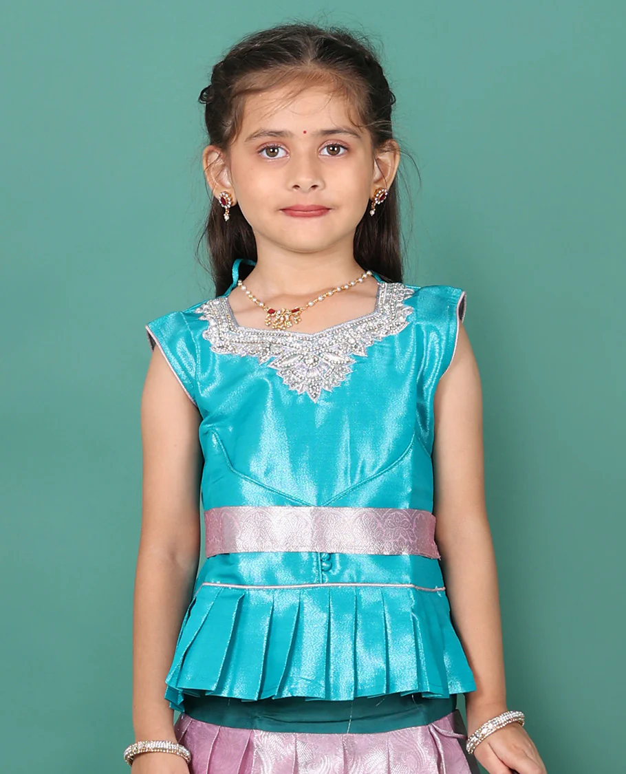 Pink readymade art silk pavadai, jacquard & traditional zari border skirt, & embroidered sleeveless round-neck blouse with contrast zari work belt - Image 3