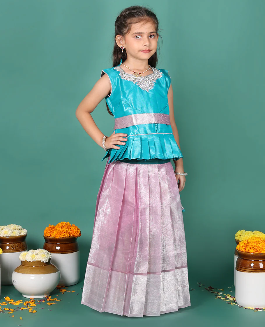 Pink readymade art silk pavadai, jacquard & traditional zari border skirt, & embroidered sleeveless round-neck blouse with contrast zari work belt - Image 4