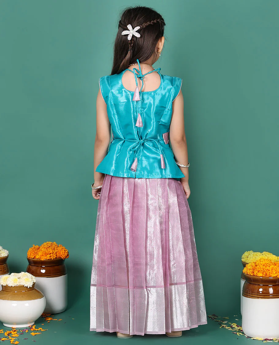 Pink readymade art silk pavadai, jacquard & traditional zari border skirt, & embroidered sleeveless round-neck blouse with contrast zari work belt - Image 5