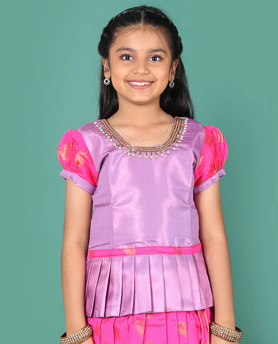 Pink readymade art silk pavadai, peacock feather buttas & contrast geometric border skirt, & embroidery round neck puff-sleeve blouse - Image 3