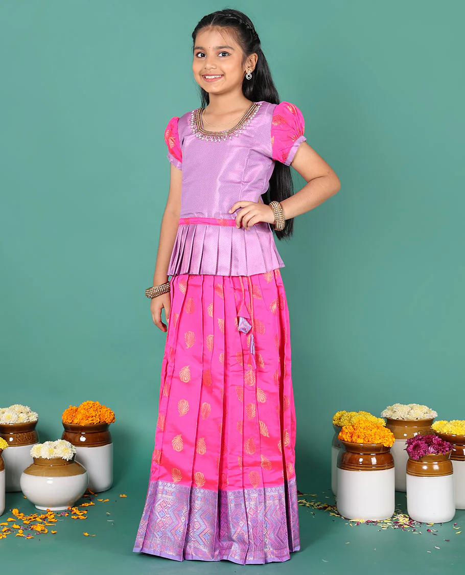 Pink readymade art silk pavadai, peacock feather buttas & contrast geometric border skirt, & embroidery round neck puff-sleeve blouse - Image 4