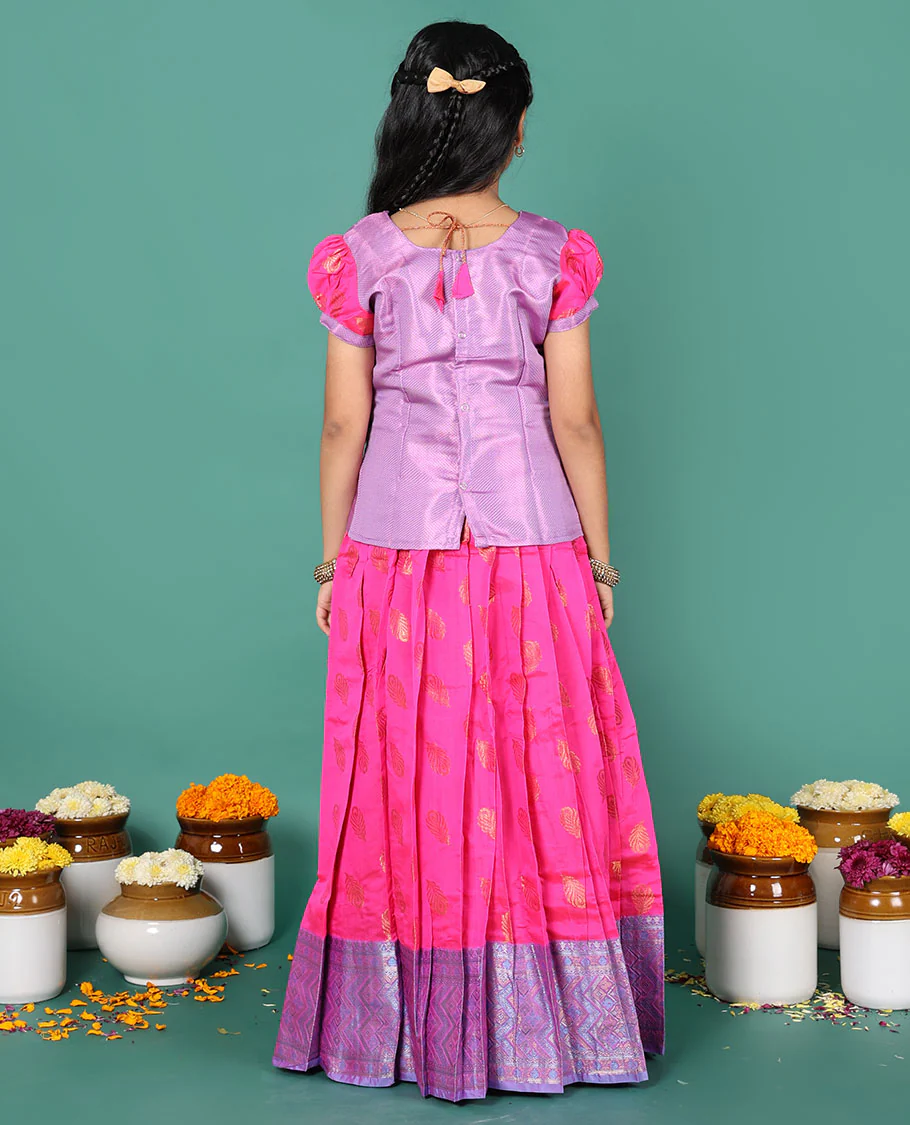 Pink readymade art silk pavadai, peacock feather buttas & contrast geometric border skirt, & embroidery round neck puff-sleeve blouse - Image 5