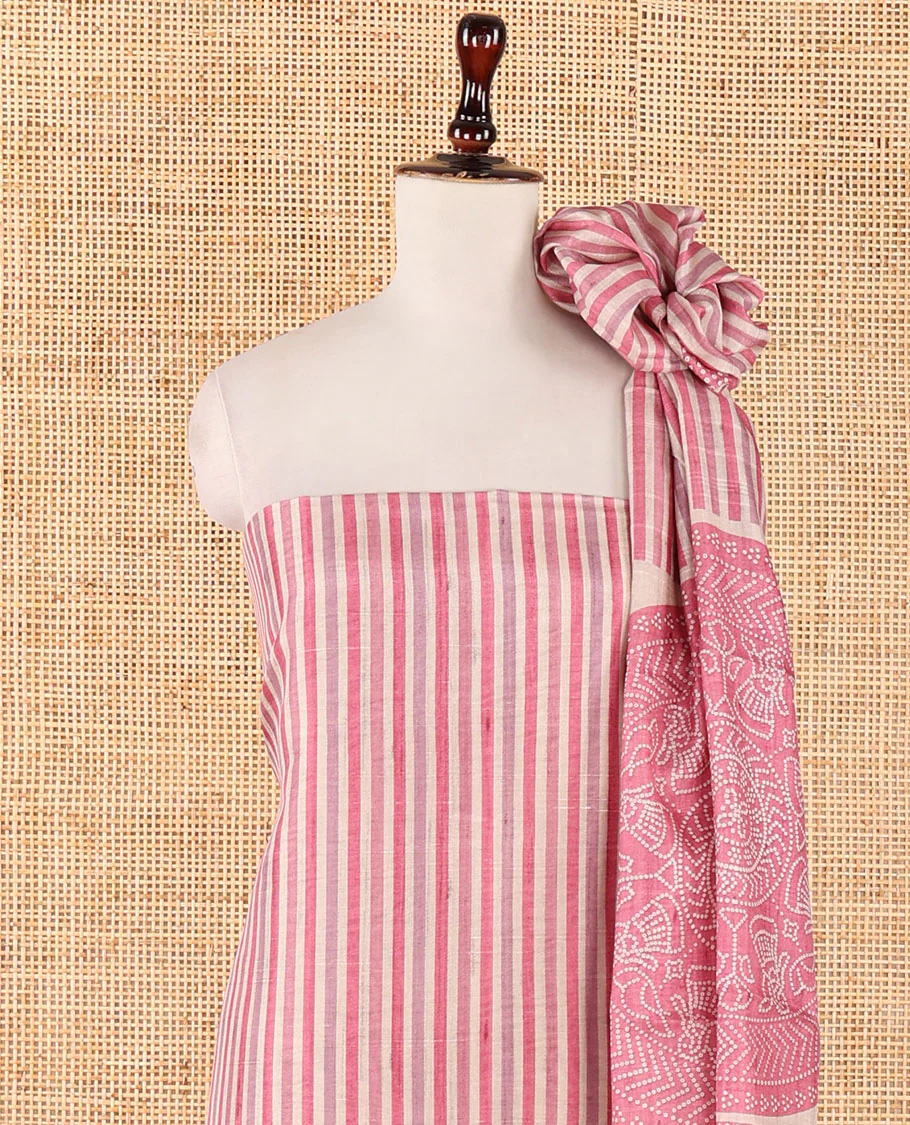 Pink semi-tussar material chudidar set, stripes & bandhani-style dotted motifs printed top & dupatta with heathered bottom - Image 4