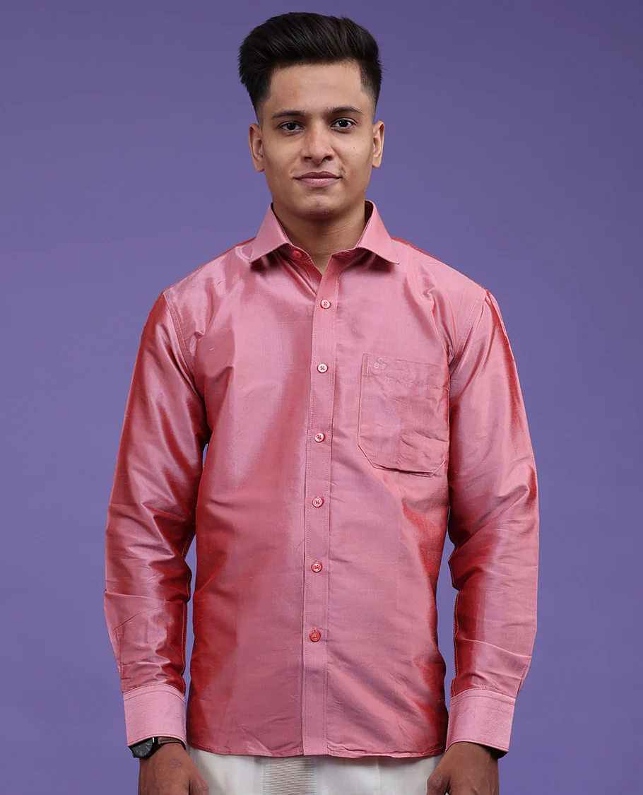 Pink plain design full-sleeve pure-silk shirt - Image 19