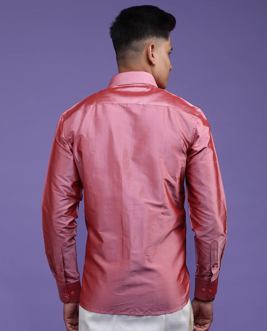 Pink plain design full-sleeve pure-silk shirt - Image 6