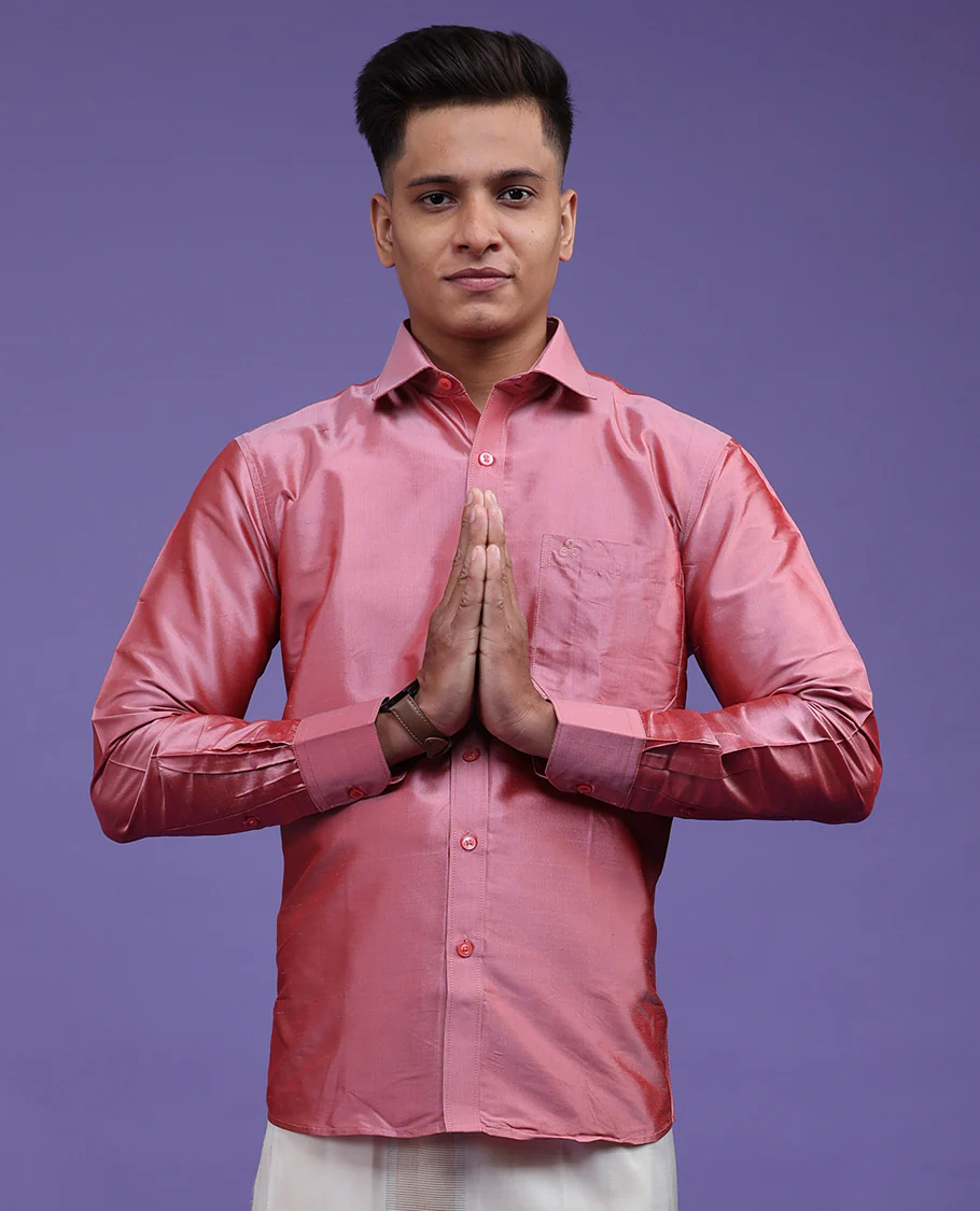 Pink plain design full-sleeve pure-silk shirt - Image 9
